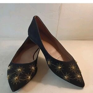 FRENCH SOLE NEW YORK Black Velvet & Gold Stars Embellished Flats Women's Sz. 11